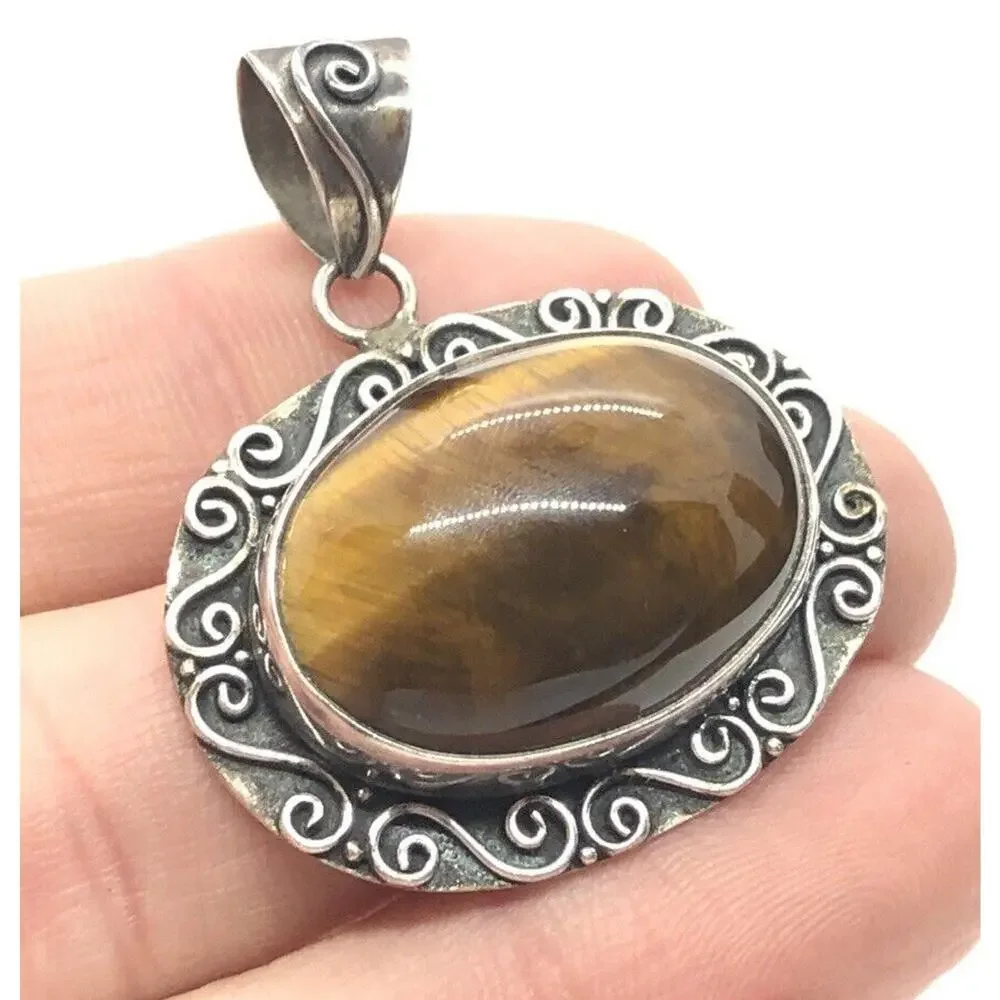 Vintage Sterling Silver Necklace 925 Pendant Tigers Eye Brown Stone